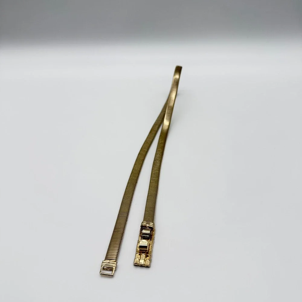 Vintage Gold Tone Snake Chain Stretch Belt Rhinestone Buckle Skinny Waist Belt